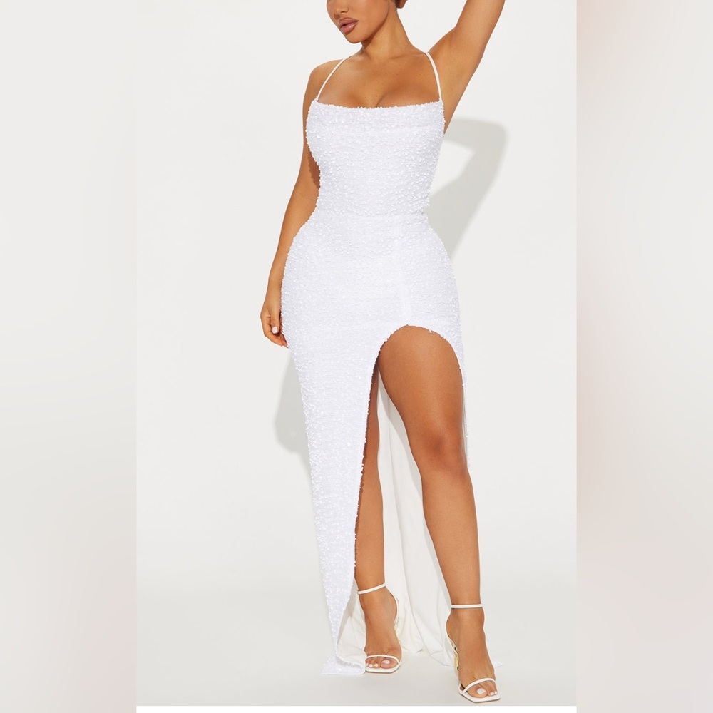 White Sequin Asymmetrical Maxi Dress